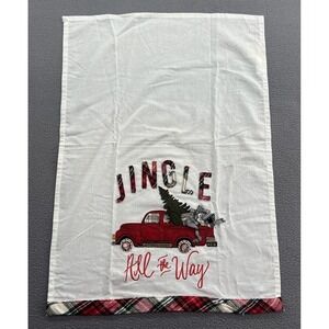 Glory Haus Tea Towel Jingle All The Way Red Truck Plaid Trim Handmade Christmas